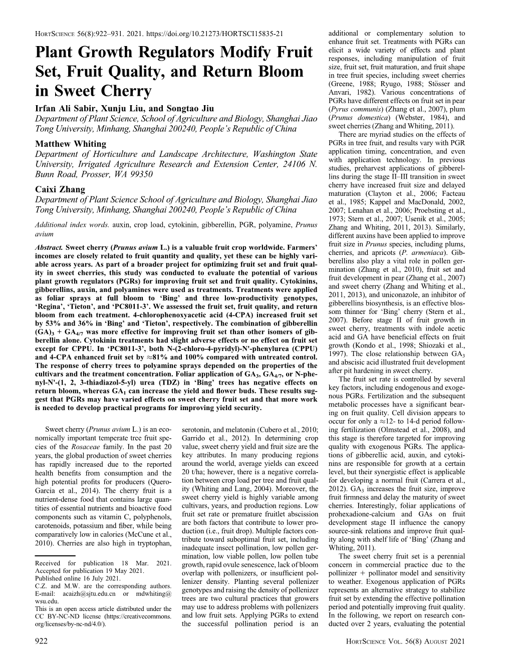 Plant Growth Regulators Modify Fruit Set, Fruit Quality, and Return Bloom