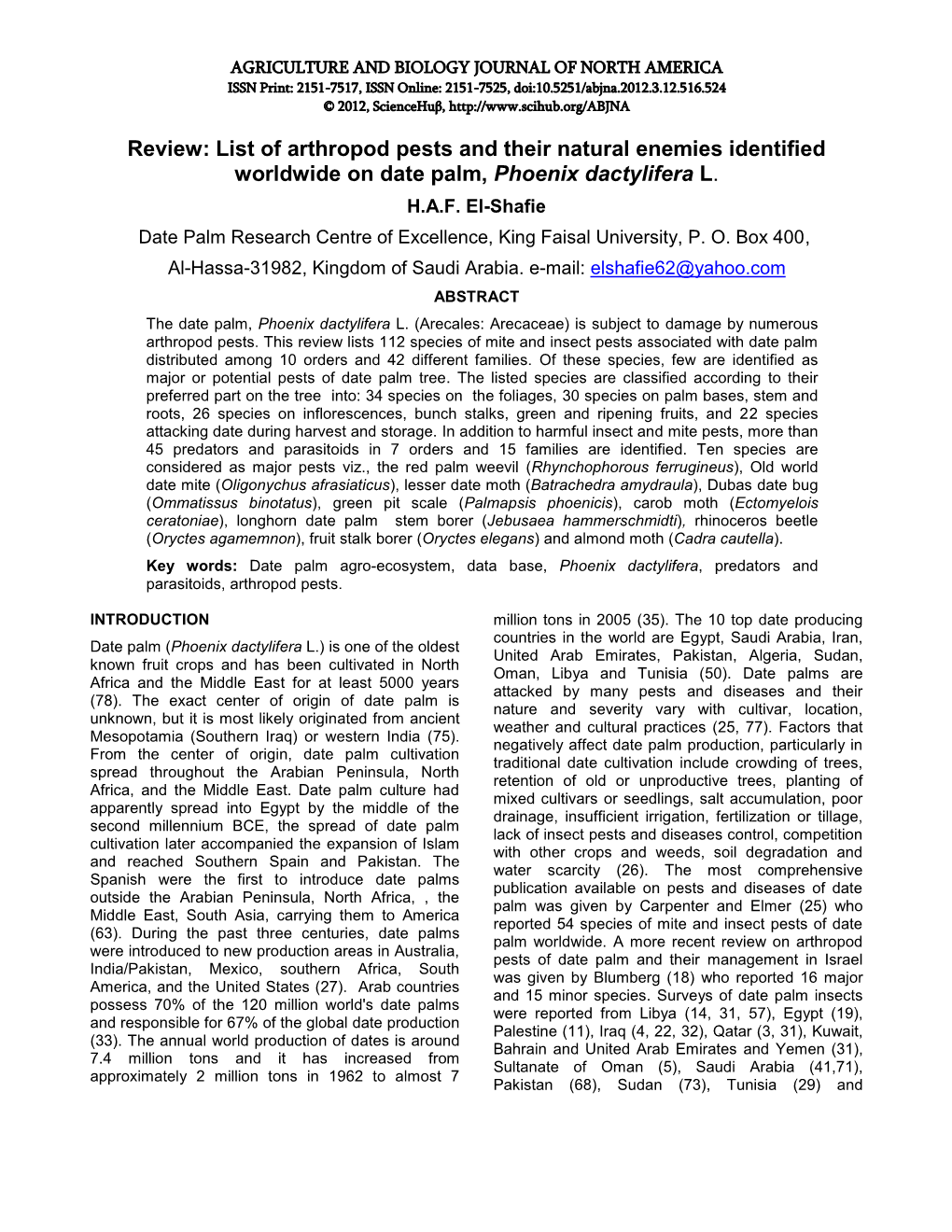 List of Arthropod Pests and Their Natural Enemies Identified Worldwide on Date Palm, Phoenix Dactylifera L