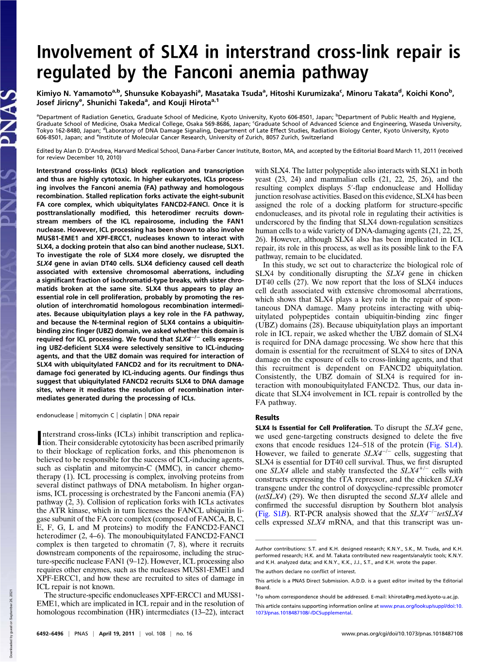 Involvement of SLX4 in Interstrand Cross-Link Repair Is Regulated by the Fanconi Anemia Pathway