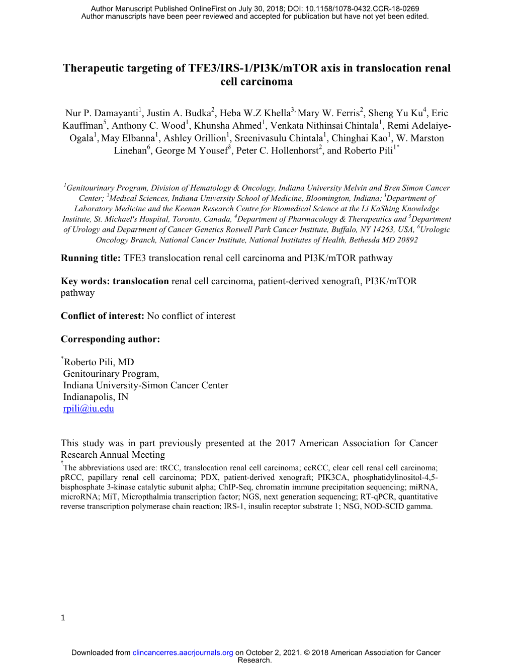 Therapeutic Targeting of TFE3/IRS-1/PI3K/Mtor Axis in Translocation Renal Cell Carcinoma