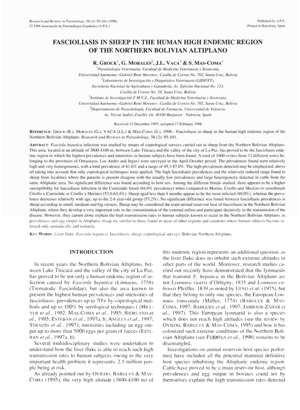 Fascioliasis in Sheep in the Human High Endemic Region of the Northern Bolivian Altiplano