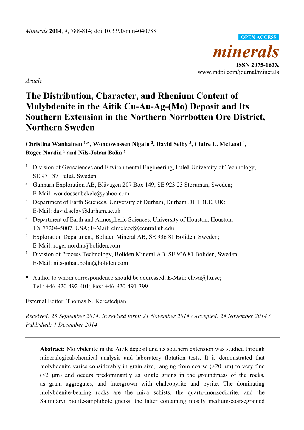 The Distribution, Character, and Rhenium Content of Molybdenite in the Aitik Cu-Au-Ag-(Mo) Deposit and Its Southern Extension In