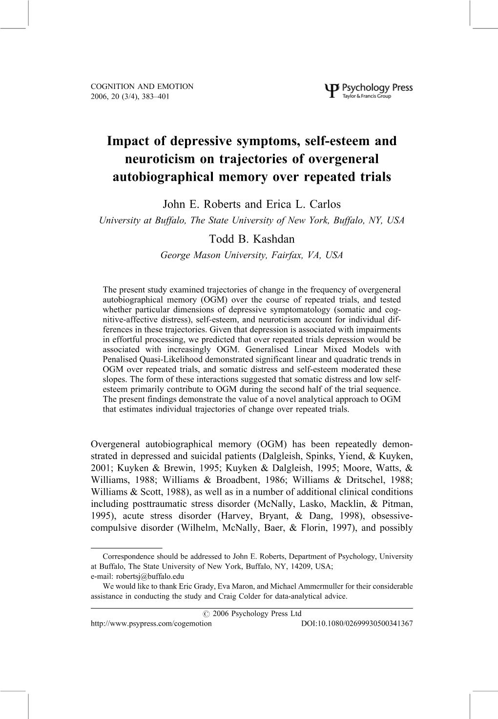 Impact of Depressive Symptoms, Self-Esteem and Neuroticism on Trajectories of Overgeneral Autobiographical Memory Over Repeated Trials