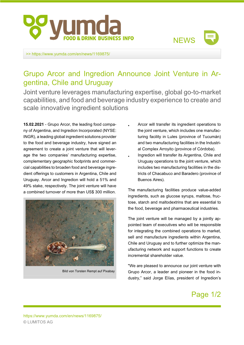 NEWS Page 1/2 Grupo Arcor and Ingredion Announce Joint Venture