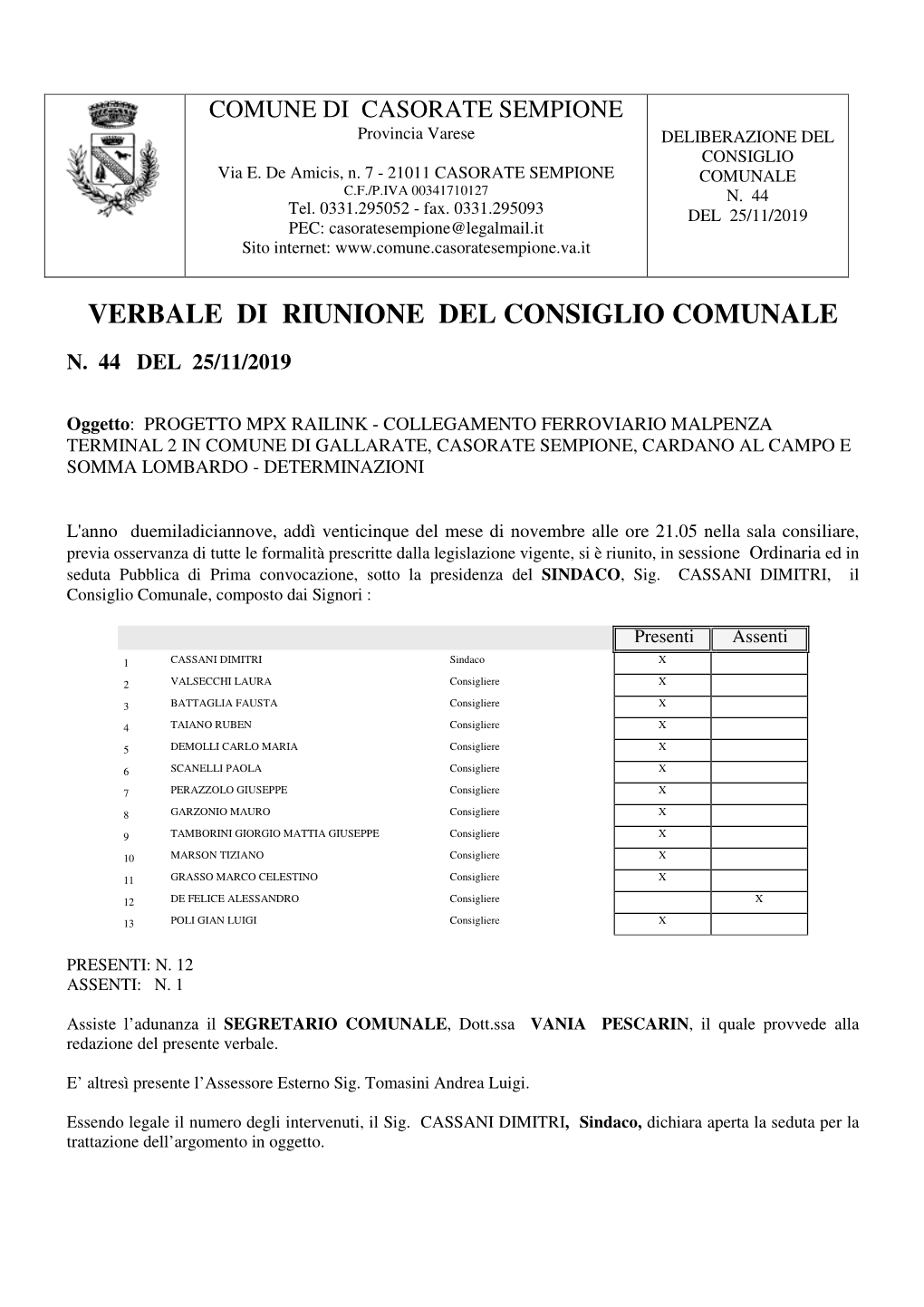 Verbale Di Riunione Del Consiglio Comunale