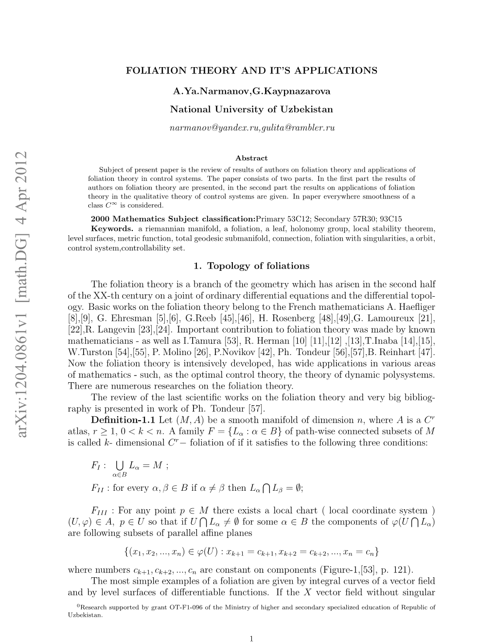 Arxiv:1204.0861V1 [Math.DG] 4 Apr 2012 Atlas, Uzbekistan