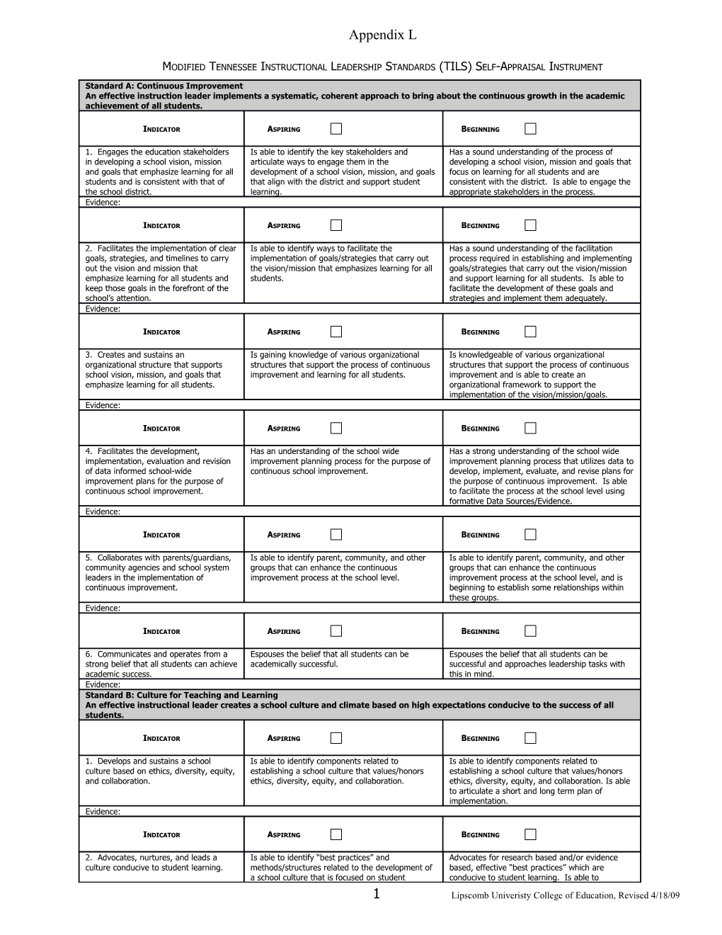 Standard A: Continuous Improvement