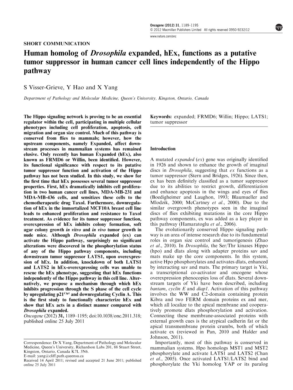 Human Homolog of Drosophila Expanded, Hex, Functions As a Putative Tumor Suppressor in Human Cancer Cell Lines Independently of the Hippo Pathway