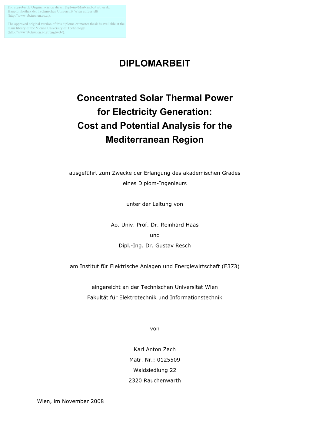 DIPLOMARBEIT Concentrated Solar Thermal Power For