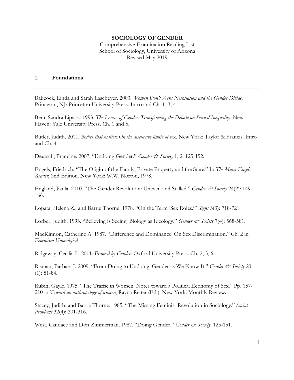 GENDER Comprehensive Examination Reading List School of Sociology, University of Arizona Revised May 2019