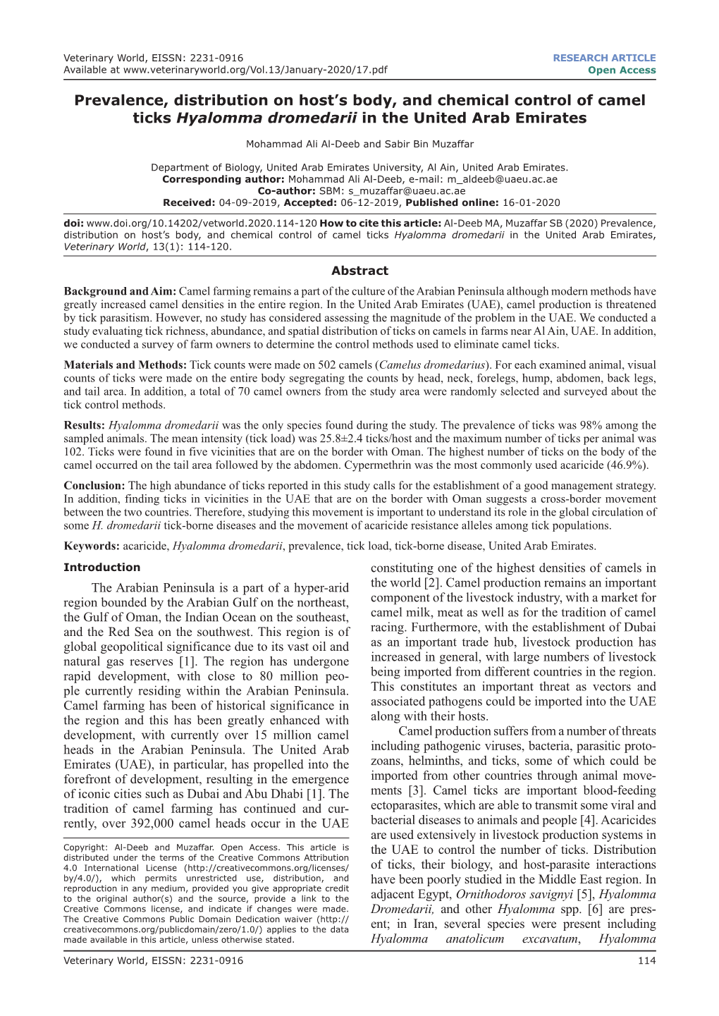 Prevalence, Distribution on Host's Body, and Chemical Control of Camel