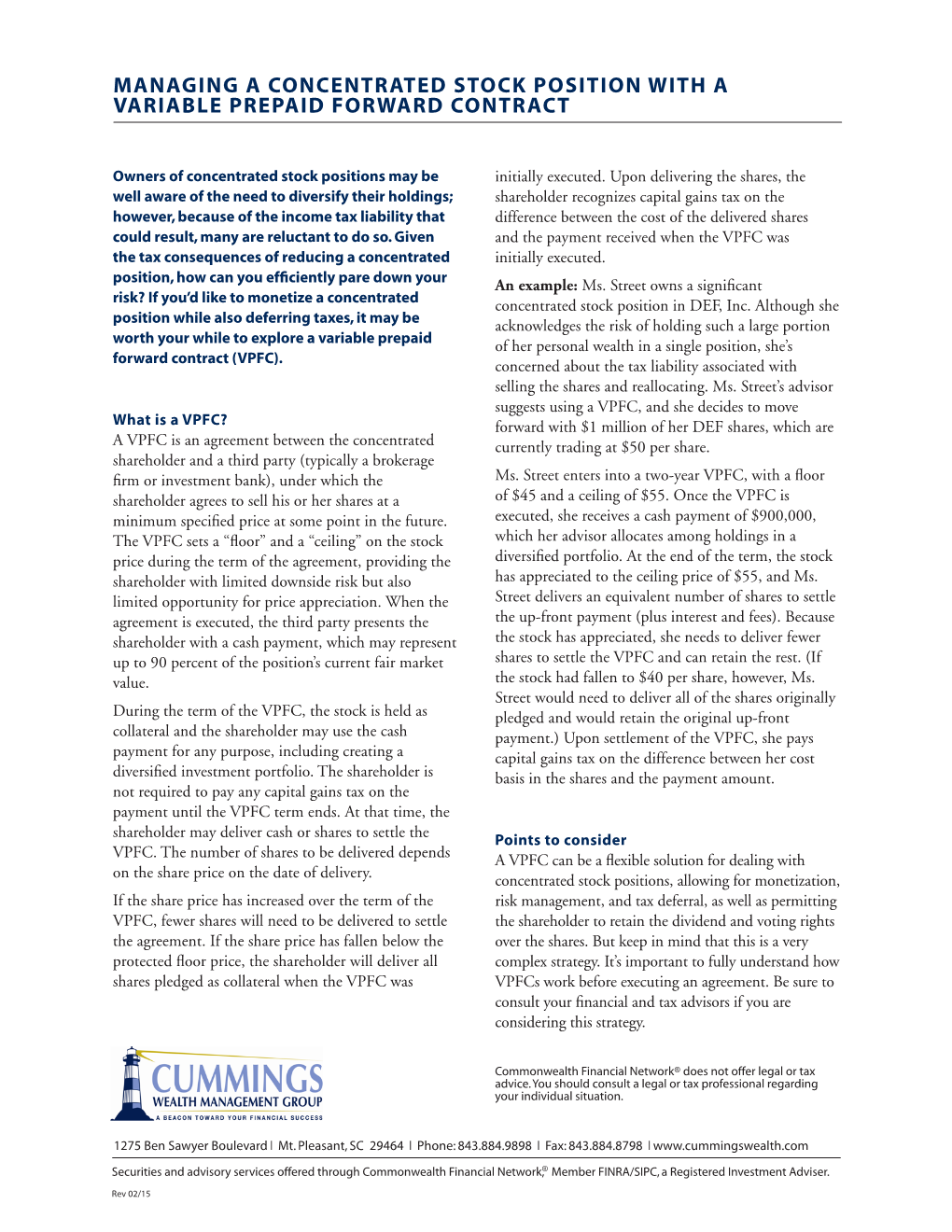 Managing a Concentrated Stock Position with a Variable Prepaid Forward Contract