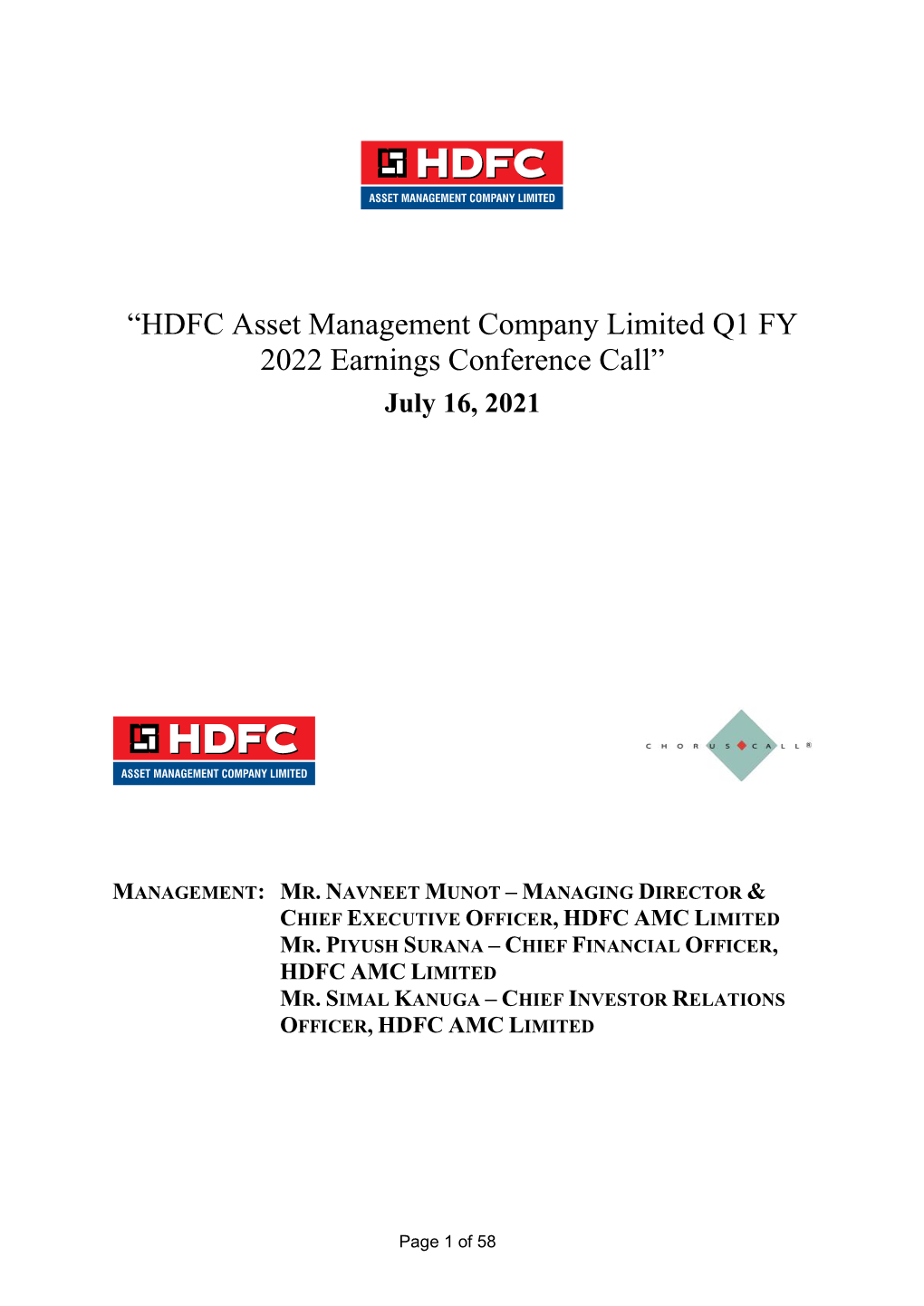 “HDFC Asset Management Company Limited Q1 FY 2022 Earnings Conference Call” July 16, 2021
