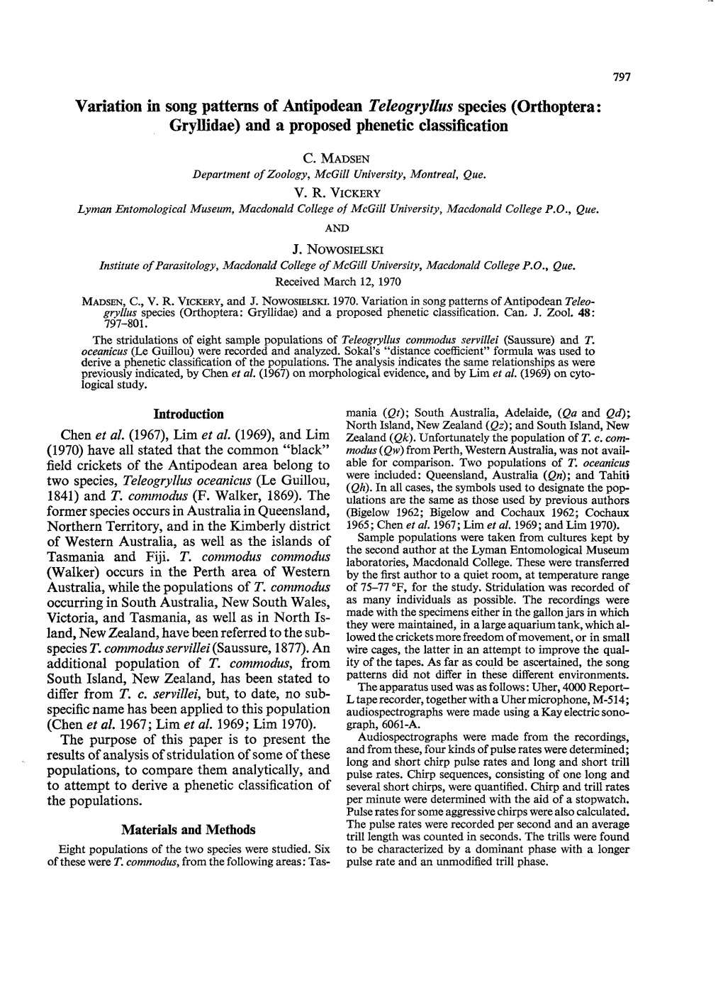 Variation in Song Patterns of Antipodean Teleogryllus Species (Orthoptera: Gryllidae) and a Proposed Phenetic Classification