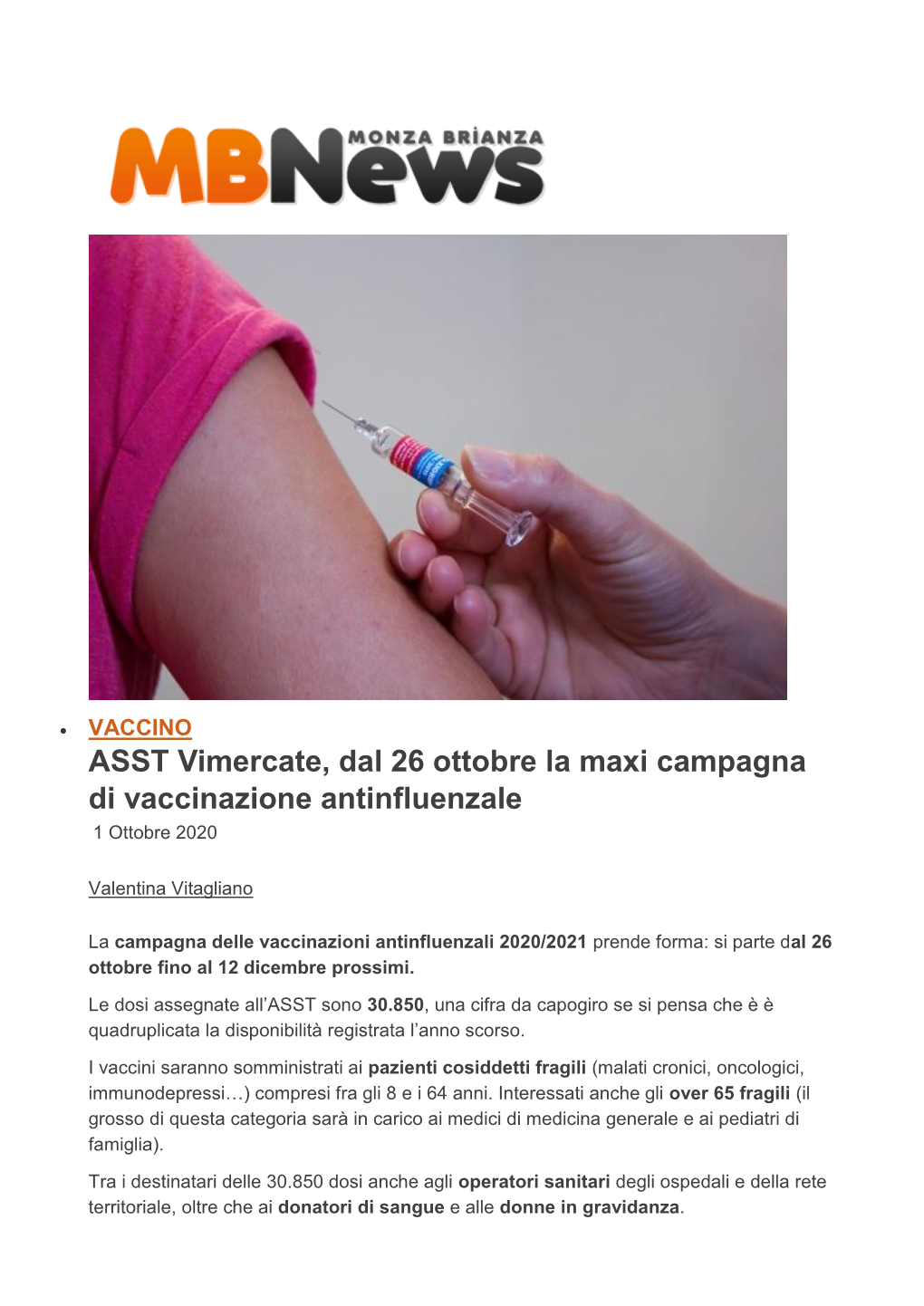 ASST Vimercate, Dal 26 Ottobre La Maxi Campagna Di Vaccinazione Antinfluenzale 1 Ottobre 2020