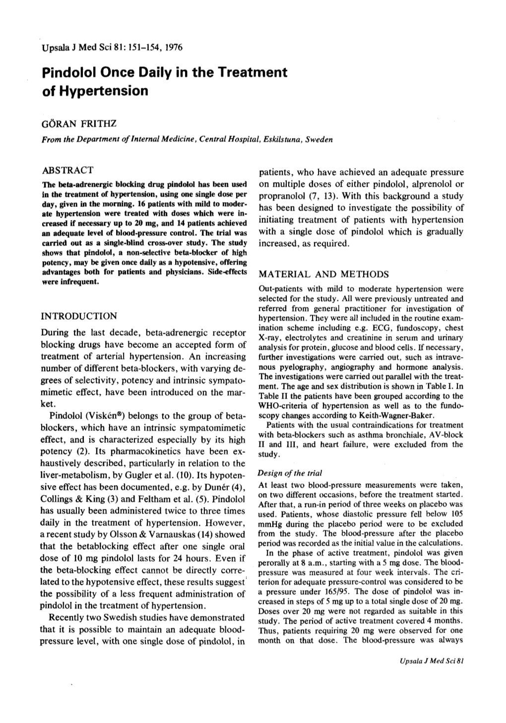 Pindolol Once Daily in the Treatment of Hypertension