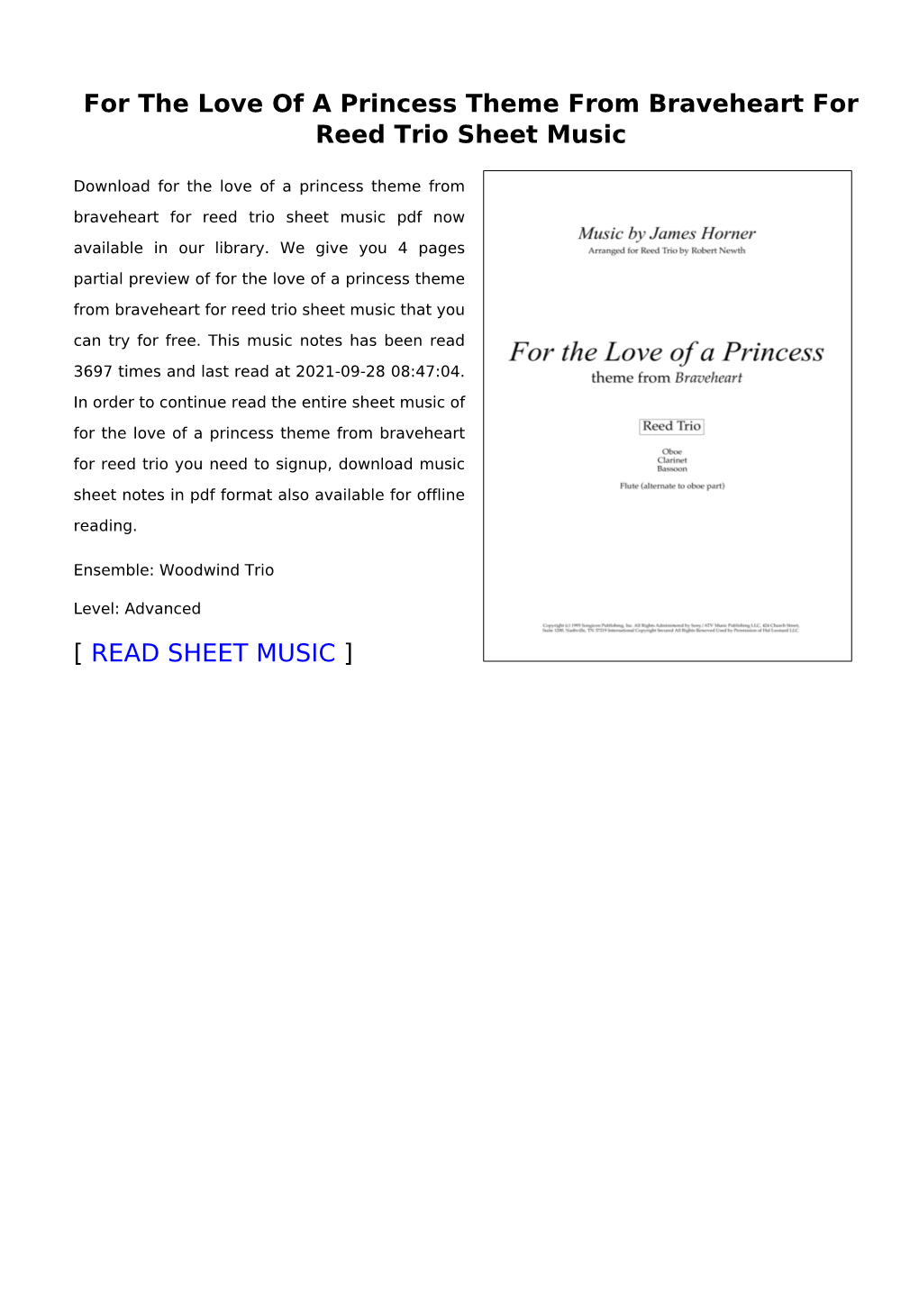 For the Love of a Princess Theme from Braveheart for Reed Trio Sheet Music