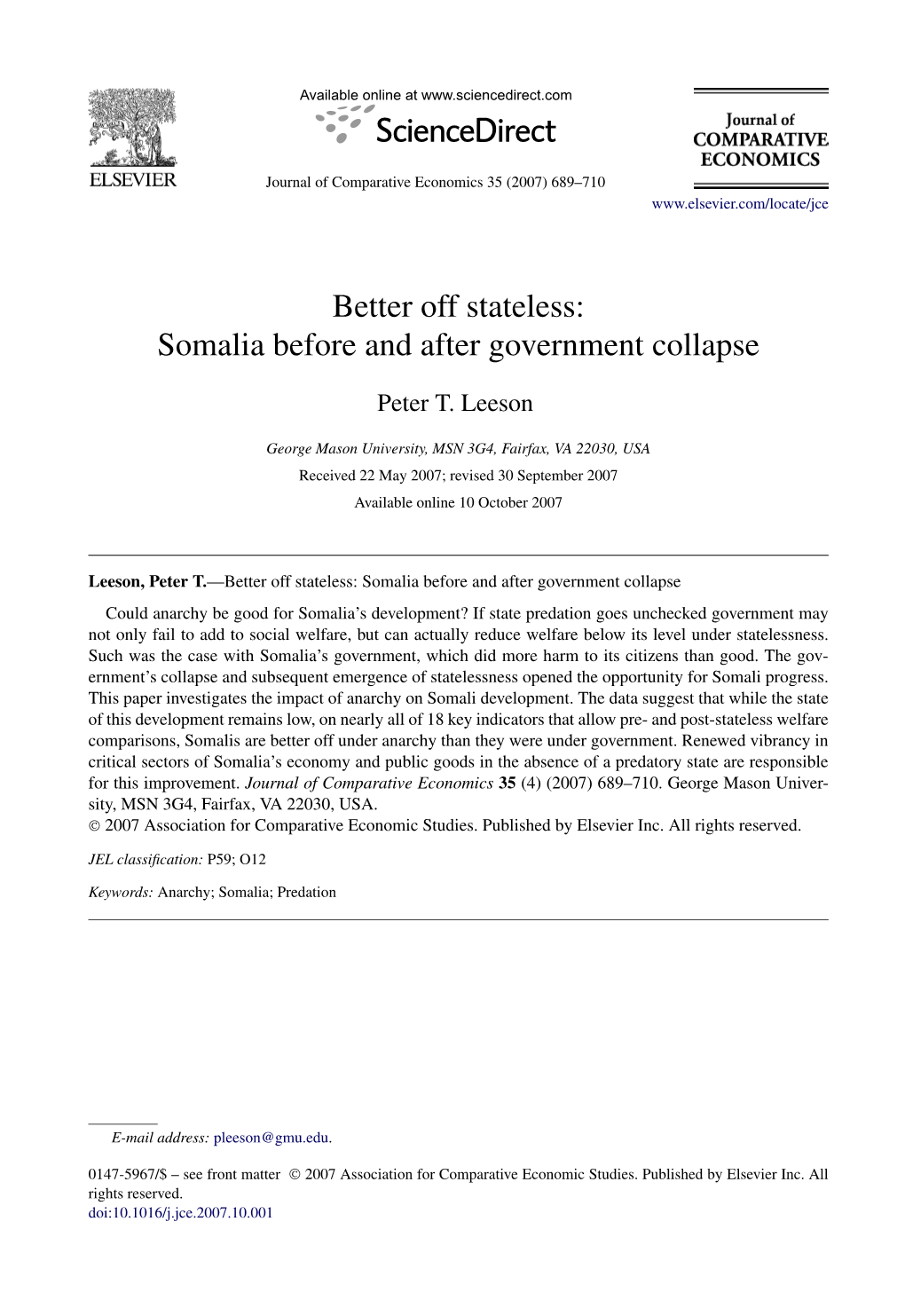 Better Off Stateless: Somalia Before and After Government Collapse