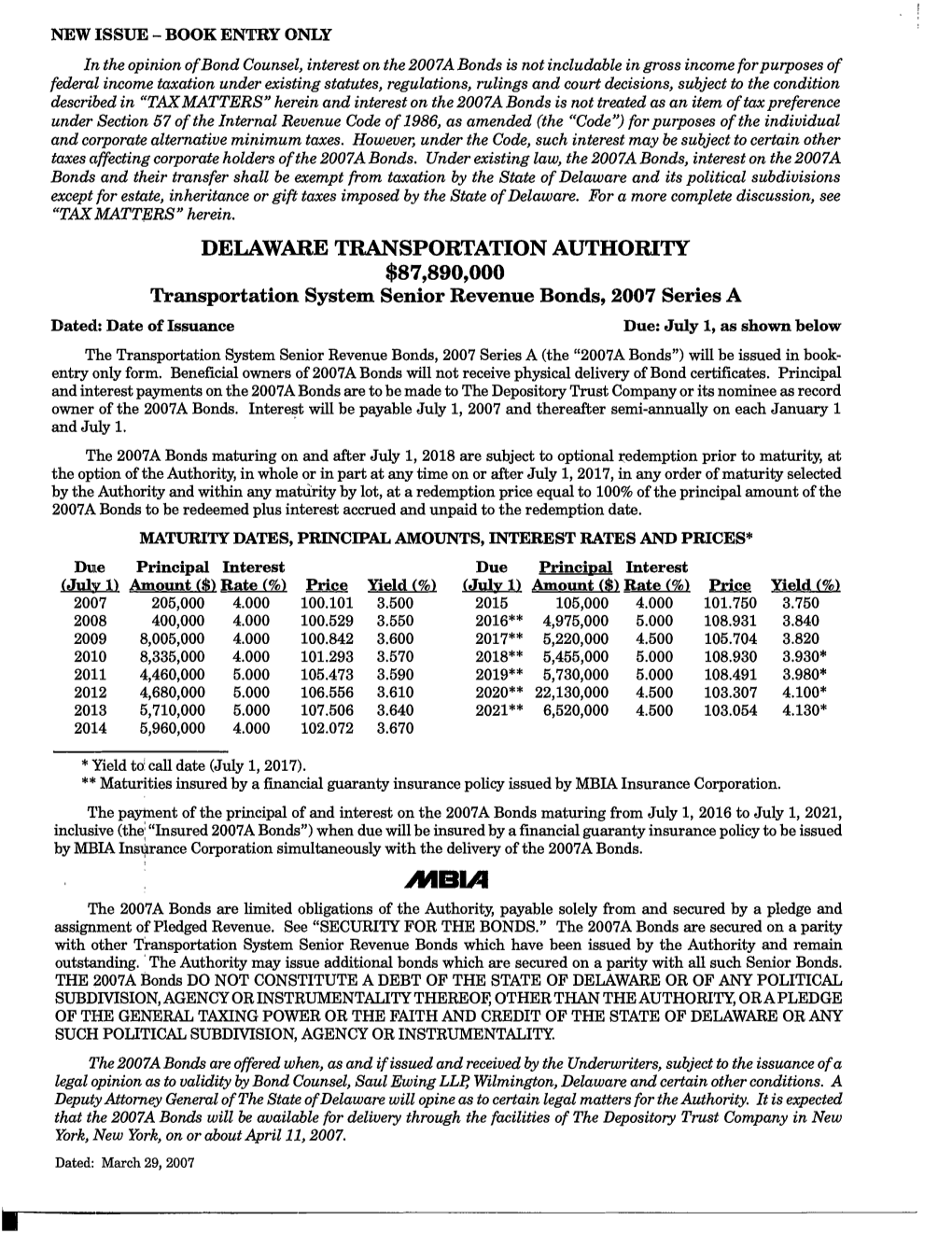 Senior Revenue Bonds, 2007 Series A