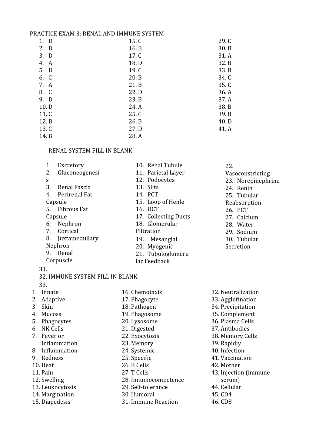 Practice Exam 3: Renal and Immune System