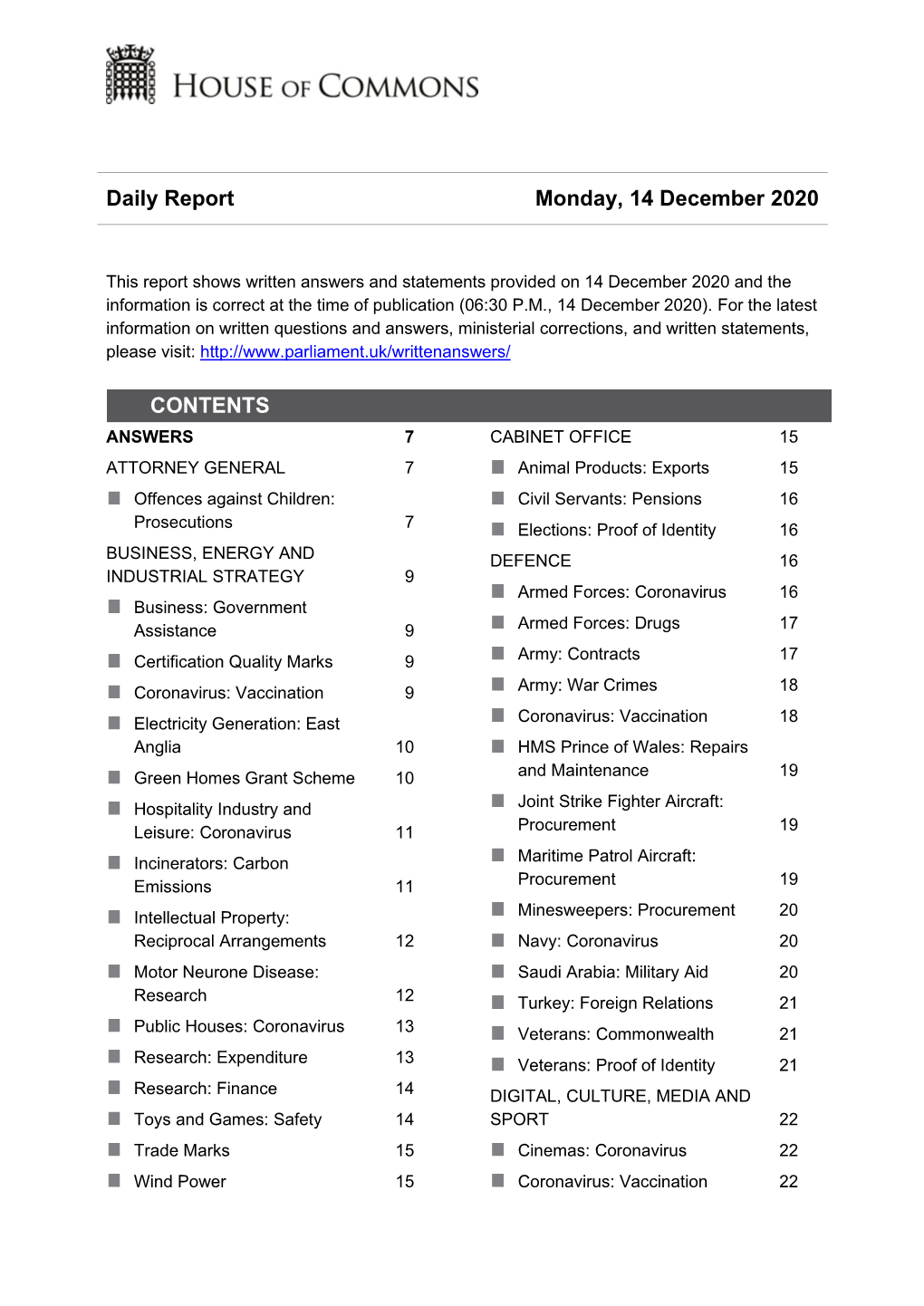 Daily Report Monday, 14 December 2020 CONTENTS