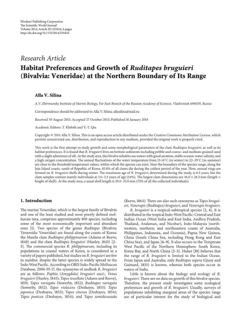 Habitat Preferences and Growth of Ruditapes Bruguieri (Bivalvia: Veneridae) at the Northern Boundary of Its Range