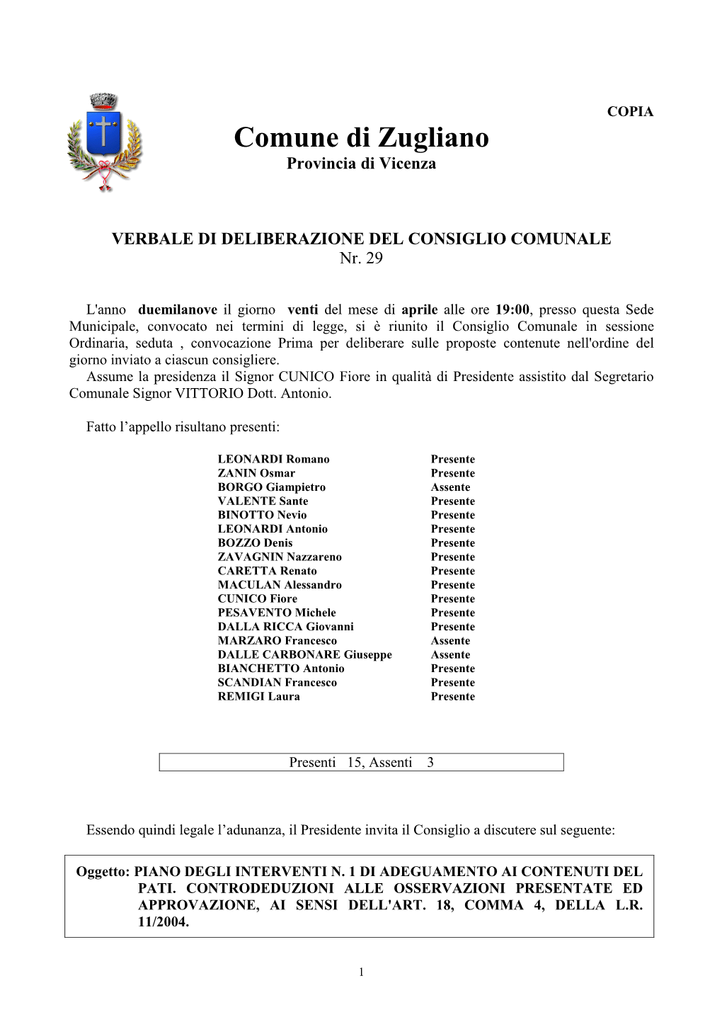 Comune Di Zugliano Provincia Di Vicenza