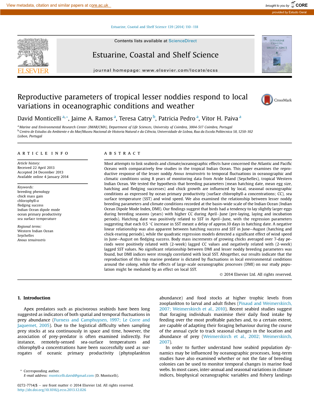 Reproductive Parameters of Tropical Lesser Noddies Respond to Local Variations in Oceanographic Conditions and Weather