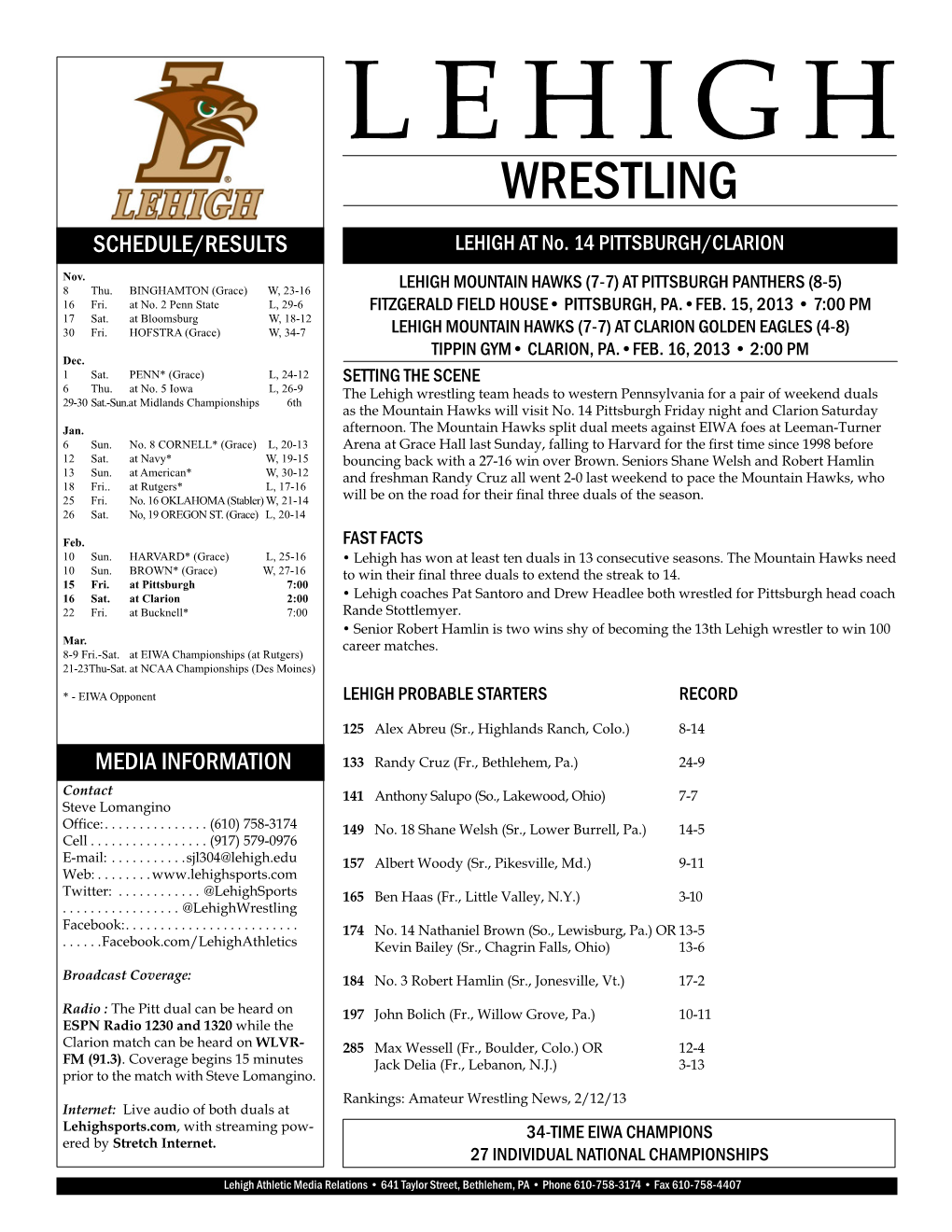 WRESTLING SCHEDULE/RESULTS LEHIGH at No