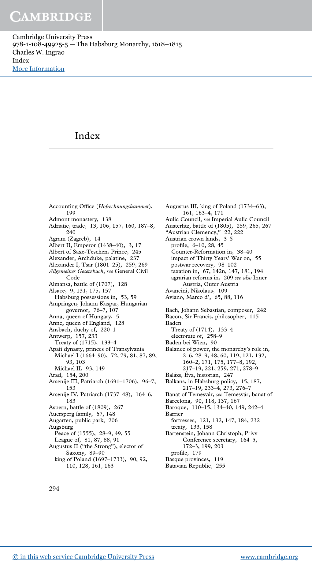 Cambridge University Press 978-1-108-49925-5 — the Habsburg Monarchy, 1618–1815 Charles W