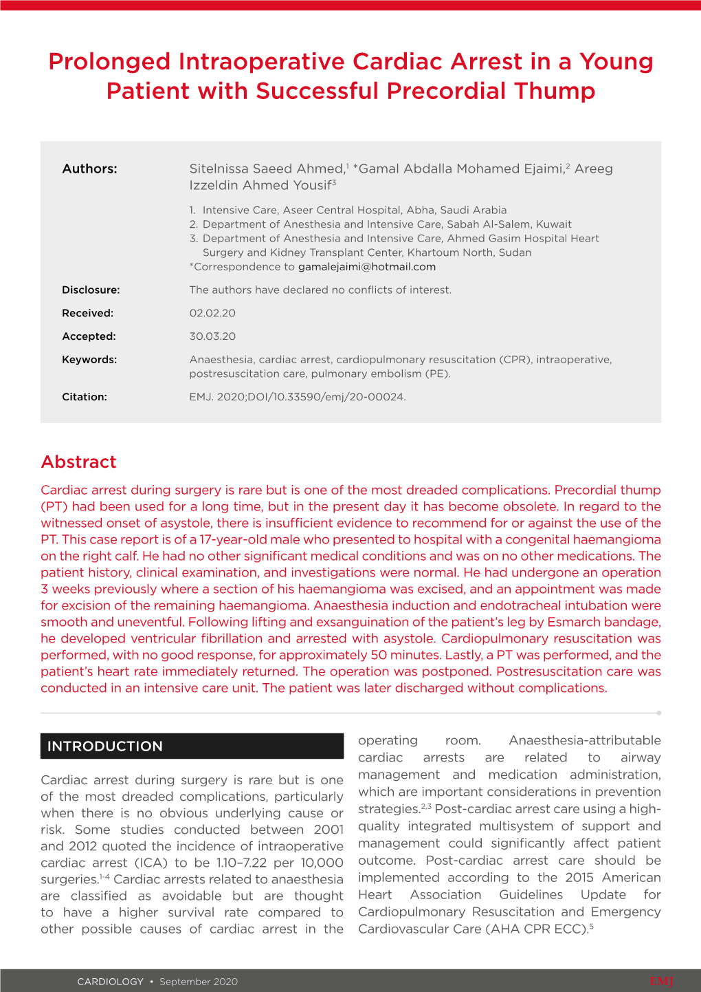 Prolonged Intraoperative Cardiac Arrest in a Young Patient with Successful Precordial Thump