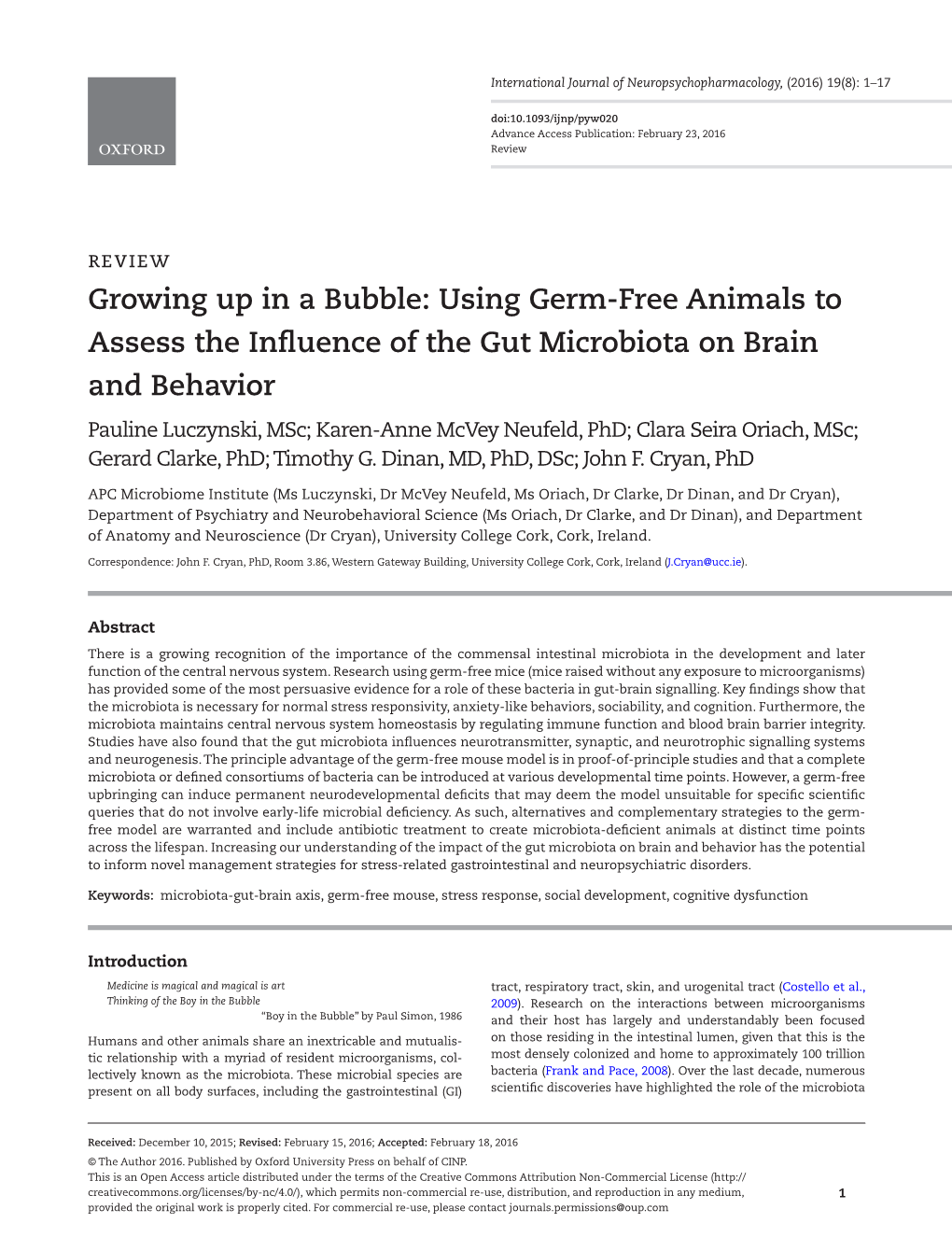 Using Germ-Free Animals to Assess the Influence of the Gut Microbiota on Brain and Behavior