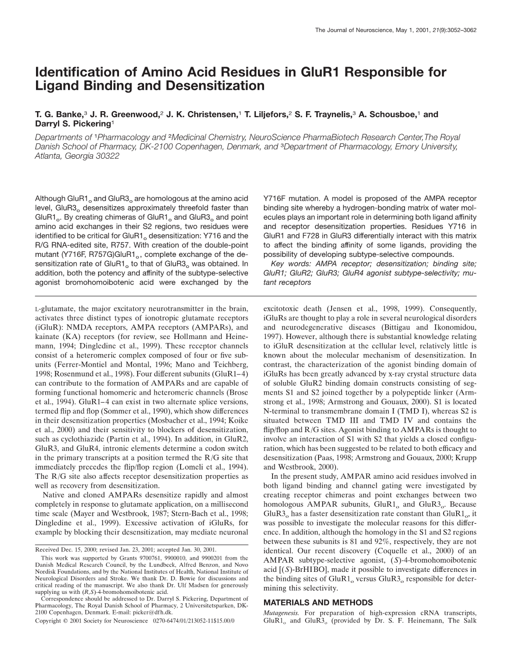 Identification of Amino Acid Residues in Glur1 Responsible for Ligand