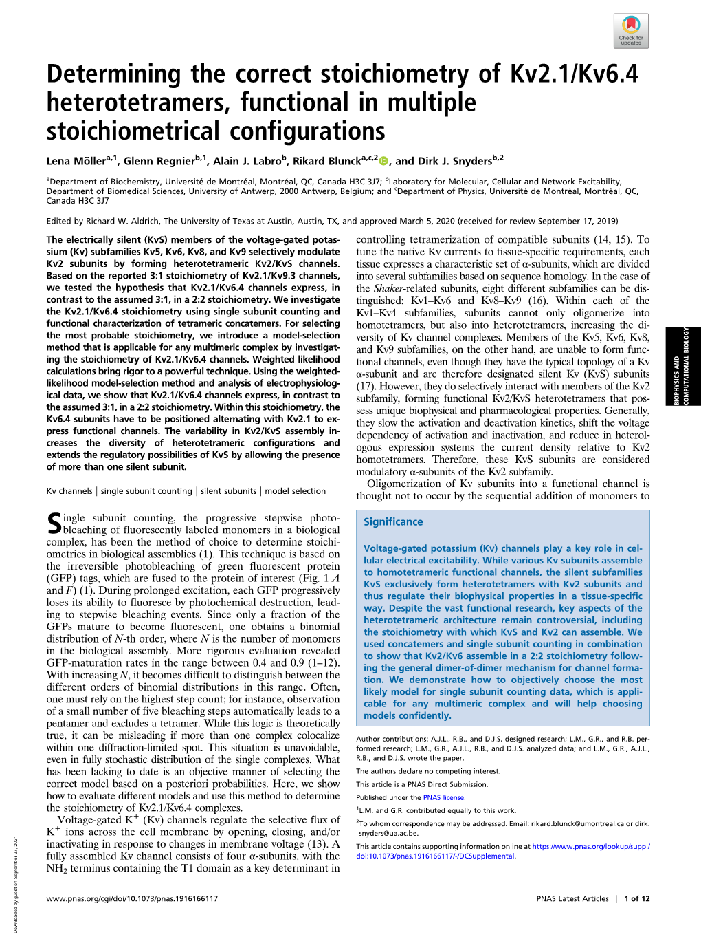 Determining the Correct Stoichiometry of Kv2.1/Kv6.4 Heterotetramers, Functional in Multiple Stoichiometrical Configurations