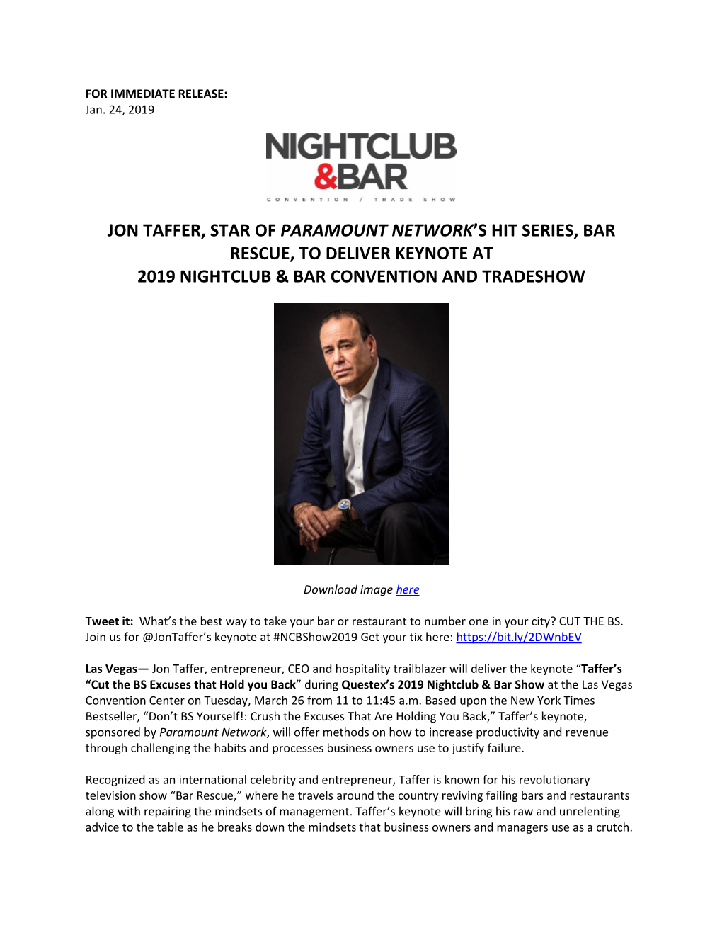 Jon Taffer, Star of Paramount Network's Hit Series, Bar Rescue, to Deliver