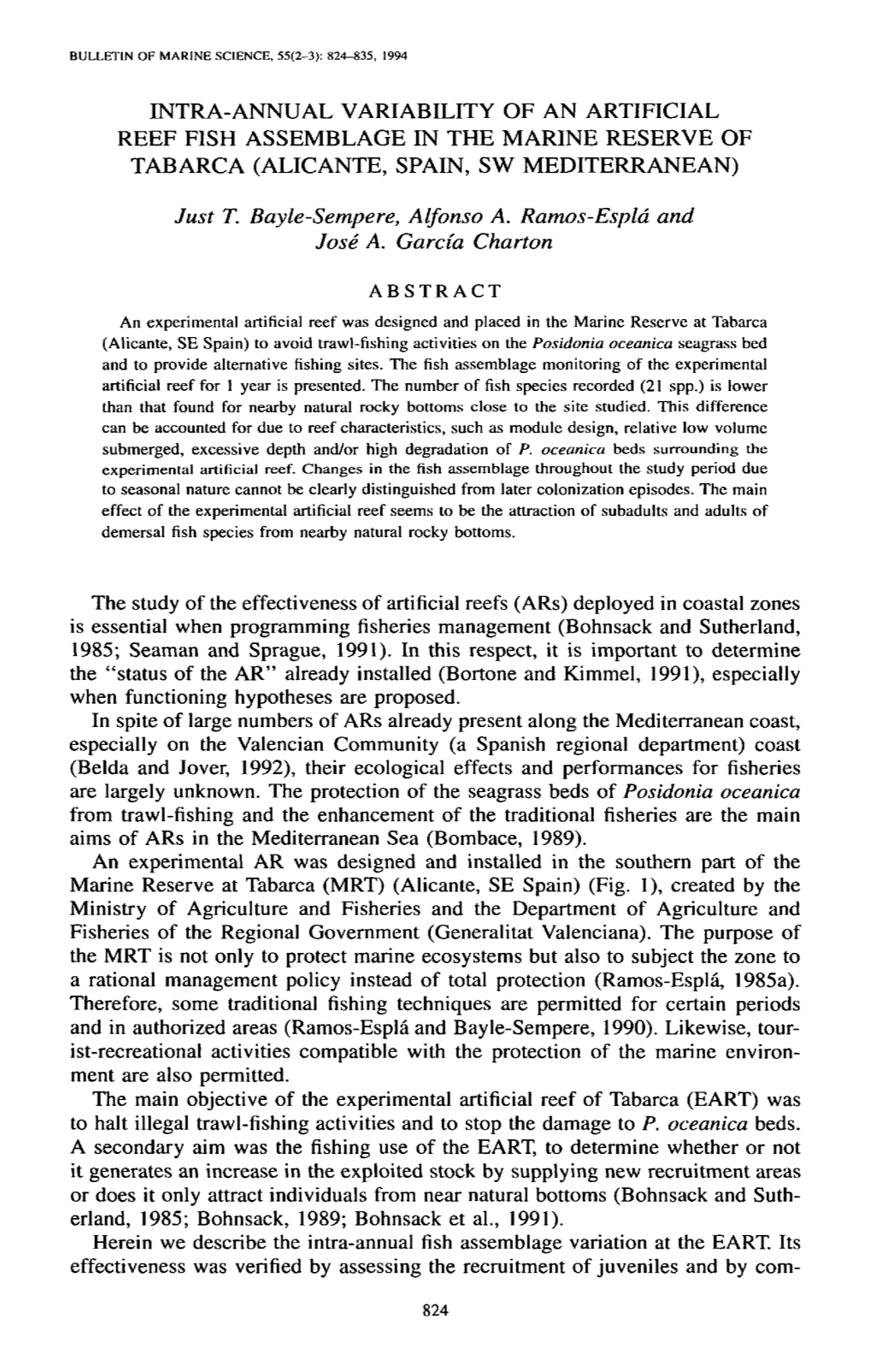 Intra-Annual Variability of an Artificial Reef Fish Assemblage in the Marine Reserve of Tabarca (Alicante, Spain, Sw Mediterranean)