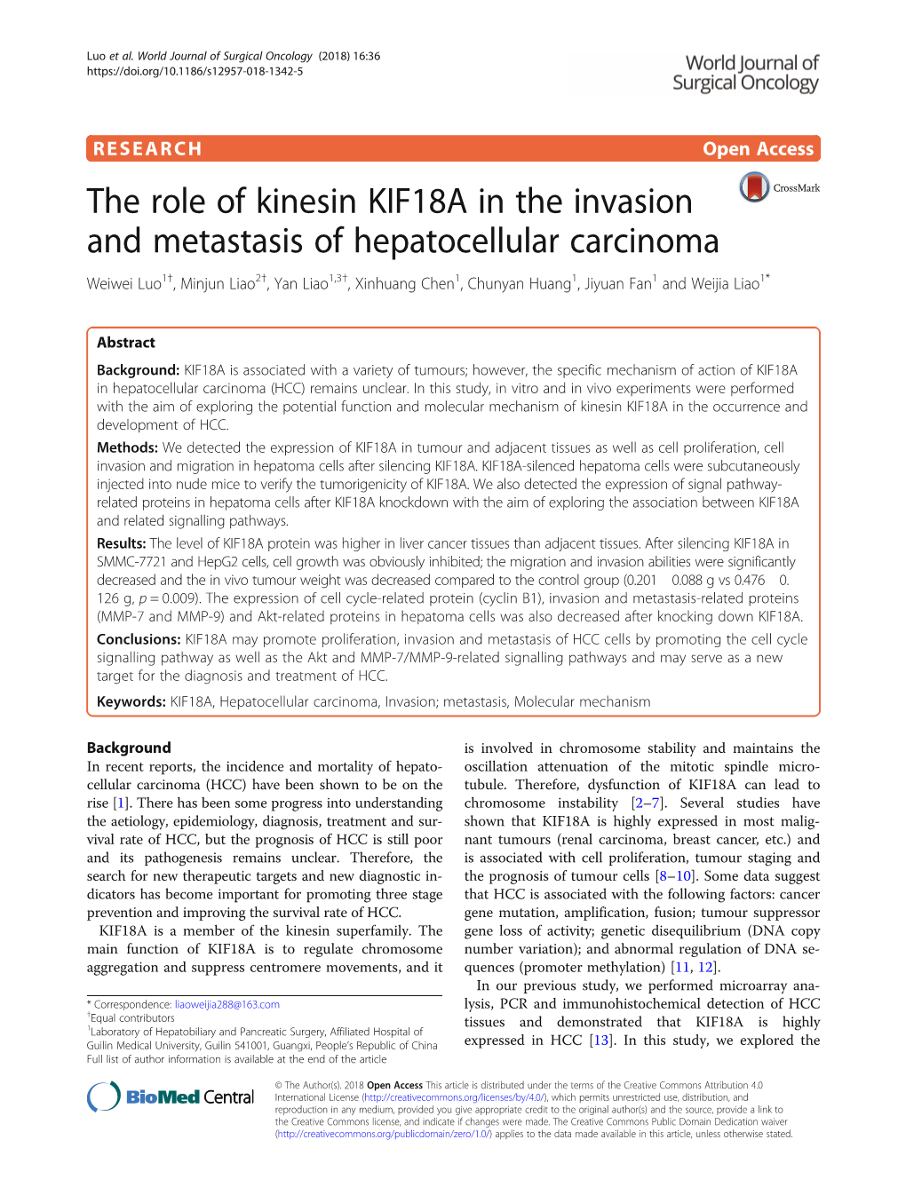 The Role of Kinesin KIF18A in the Invasion and Metastasis Of