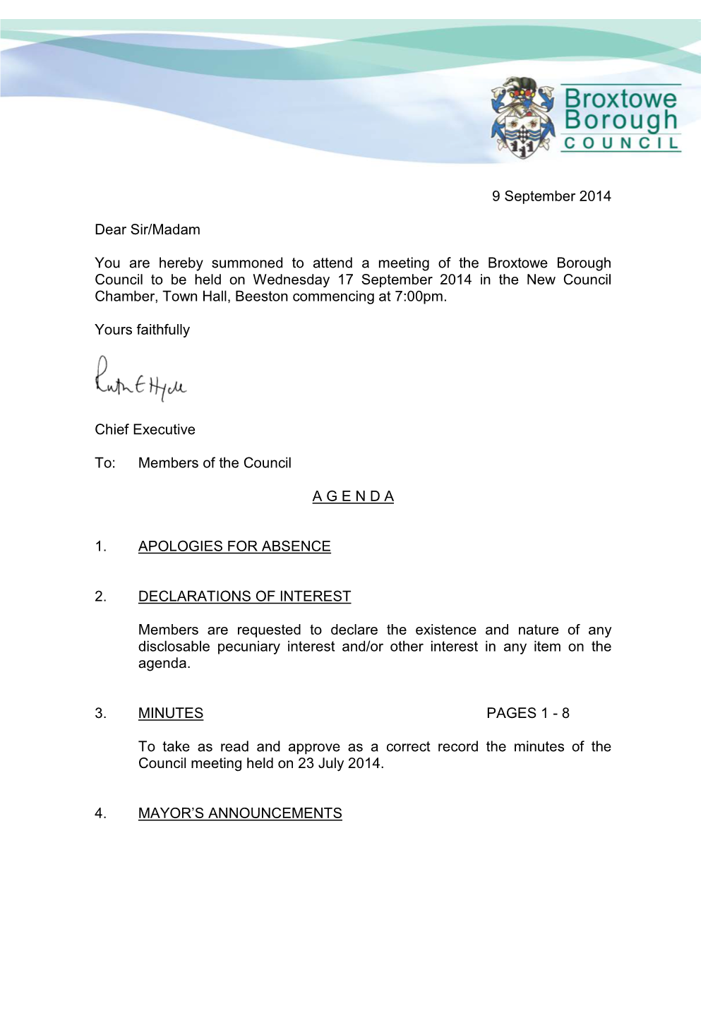 9 September 2014 Dear Sir/Madam You Are Hereby Summoned to Attend a Meeting of the Broxtowe Borough Council to Be Held on Wednes