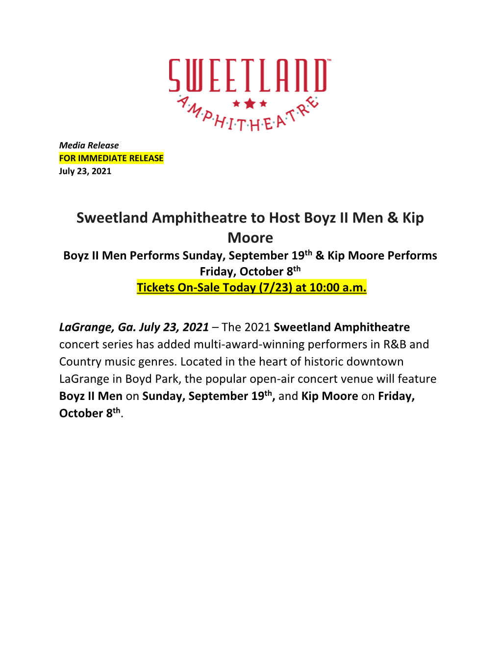 Sweetland Amphitheatre to Host Boyz II Men & Kip Moore