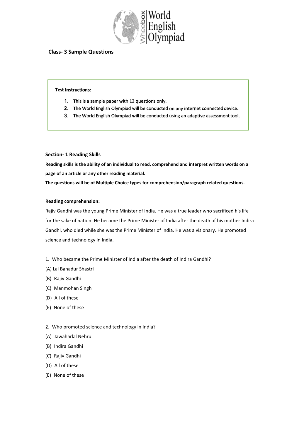 Class- 3 Sample Questions