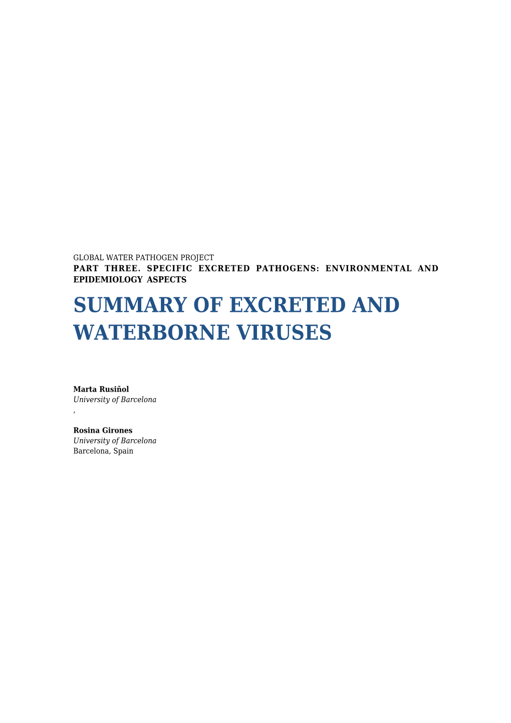 Summary of Excreted and Waterborne Viruses