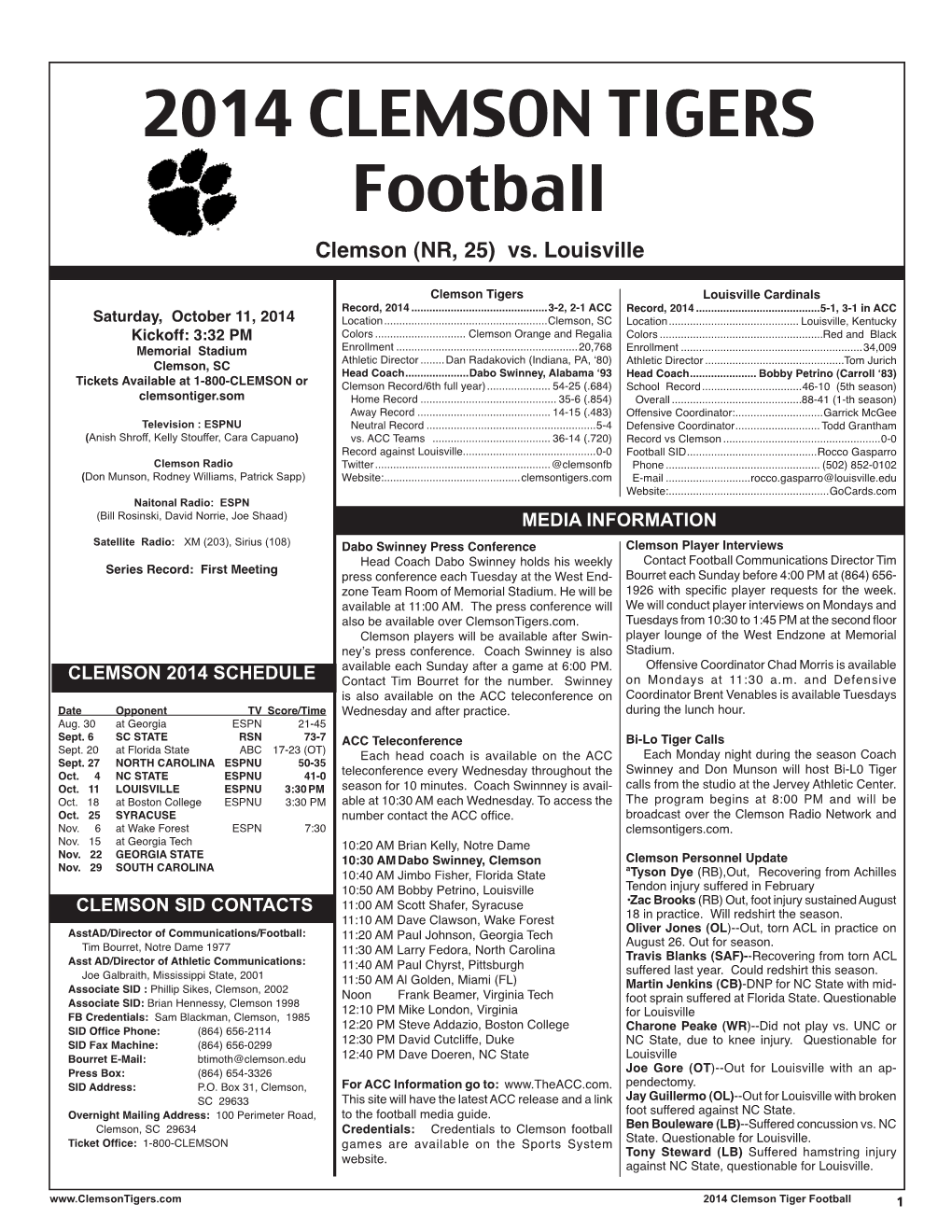 2014 CLEMSON TIGERS Football Clemson (NR, 25) Vs