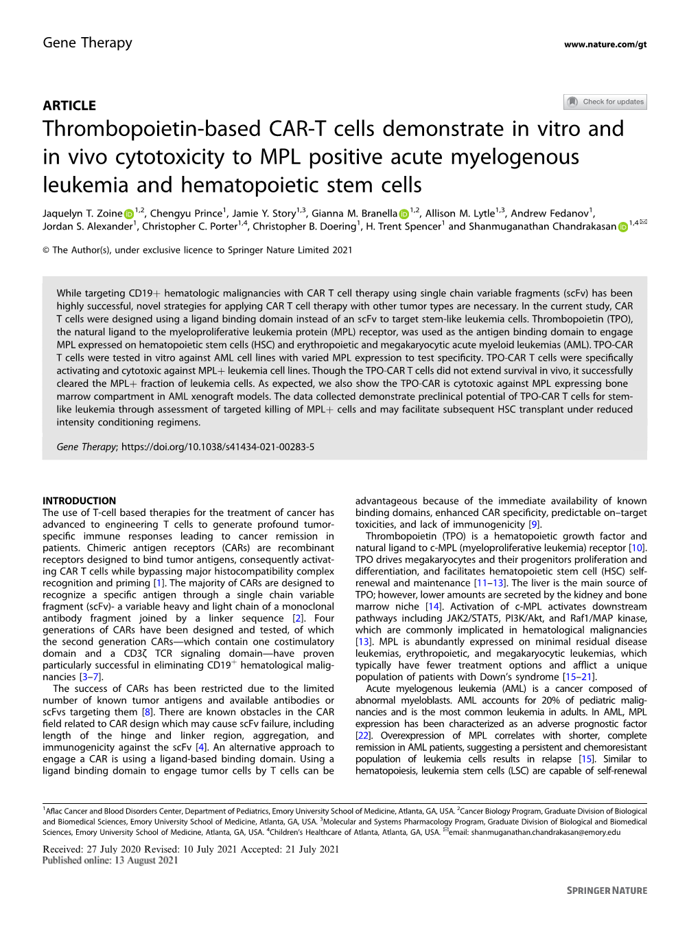 Thrombopoietin-Based CAR-T Cells Demonstrate in Vitro and in Vivo Cytotoxicity to MPL Positive Acute Myelogenous Leukemia and Hematopoietic Stem Cells