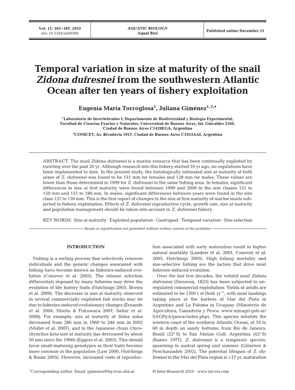 Temporal Variation in Size at Maturity of the Snail Zidona Dufresnei from the Southwestern Atlantic Ocean After Ten Years of Fishery Exploitation