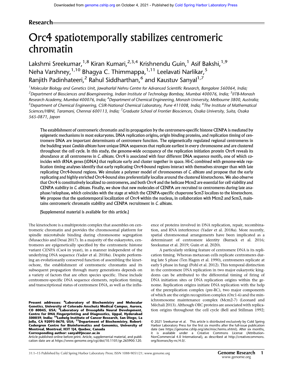 Orc4 Spatiotemporally Stabilizes Centromeric Chromatin