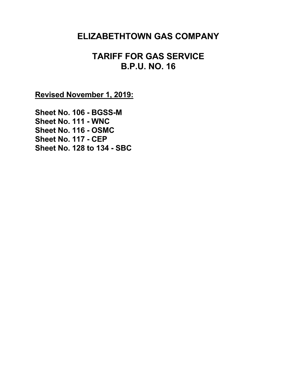 Elizabethtown Gas Company Tariff for Gas Service B.P.U