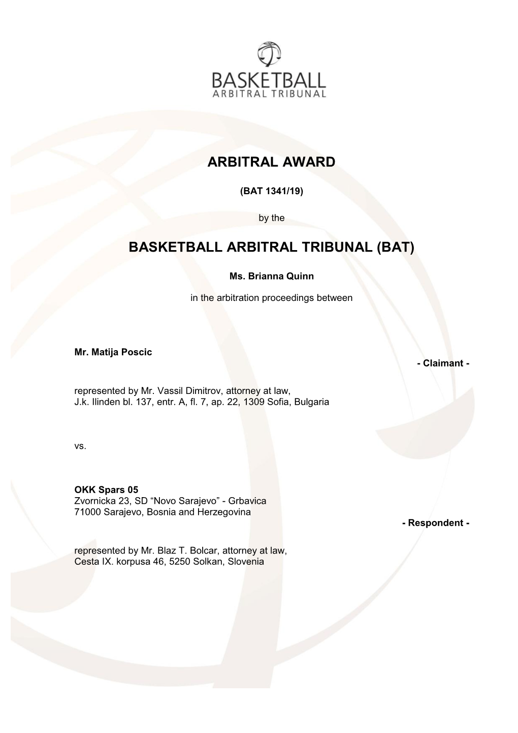 Arbitral Award Basketball Arbitral Tribunal (Bat)