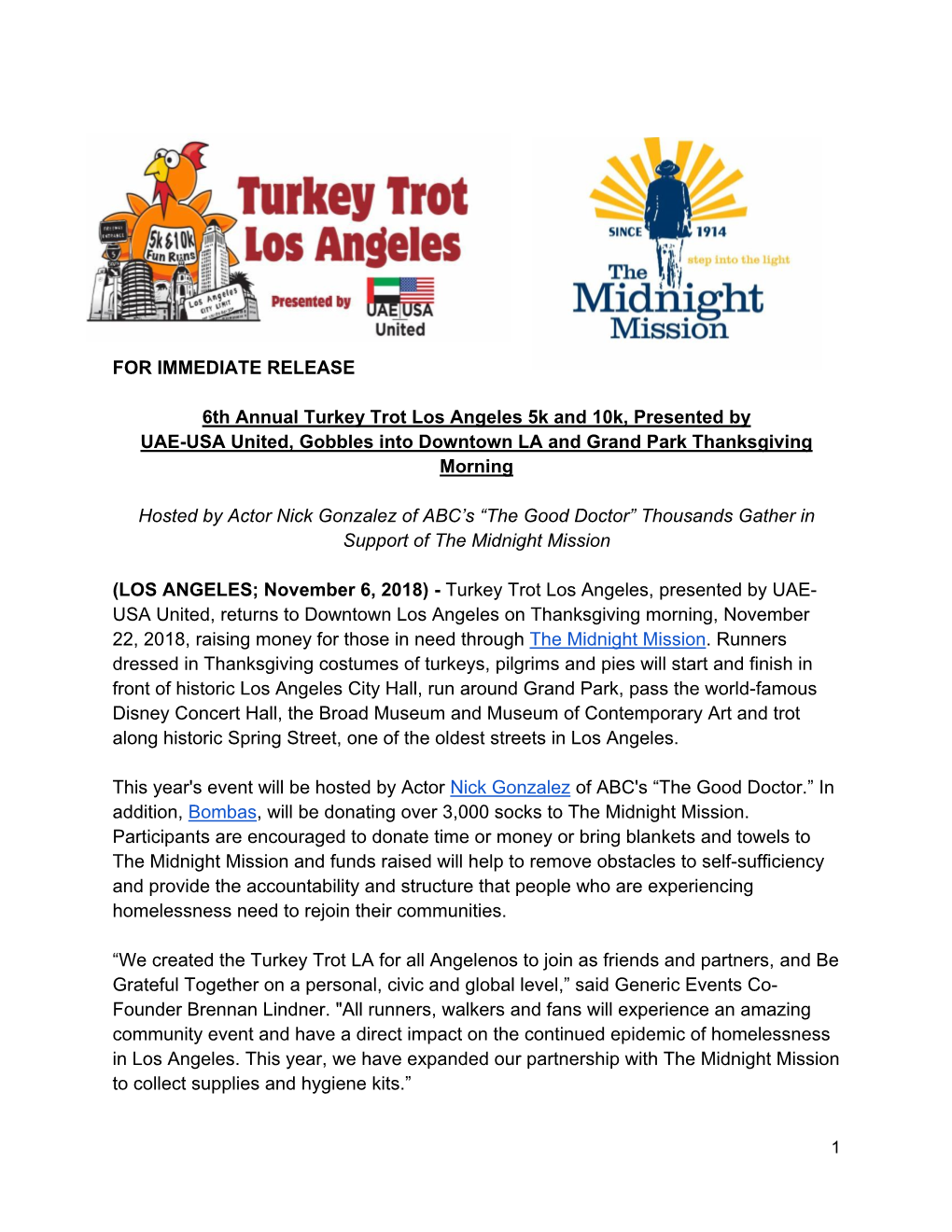 FOR IMMEDIATE RELEASE 6Th Annual Turkey Trot Los Angeles 5K