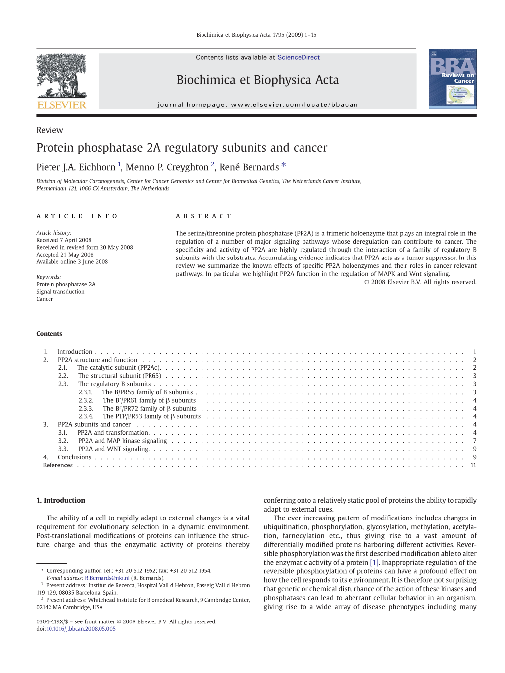 Protein Phosphatase 2A Regulatory Subunits and Cancer