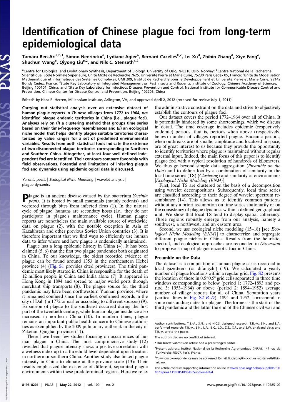 Identification of Chinese Plague Foci from Long-Term Epidemiological Data